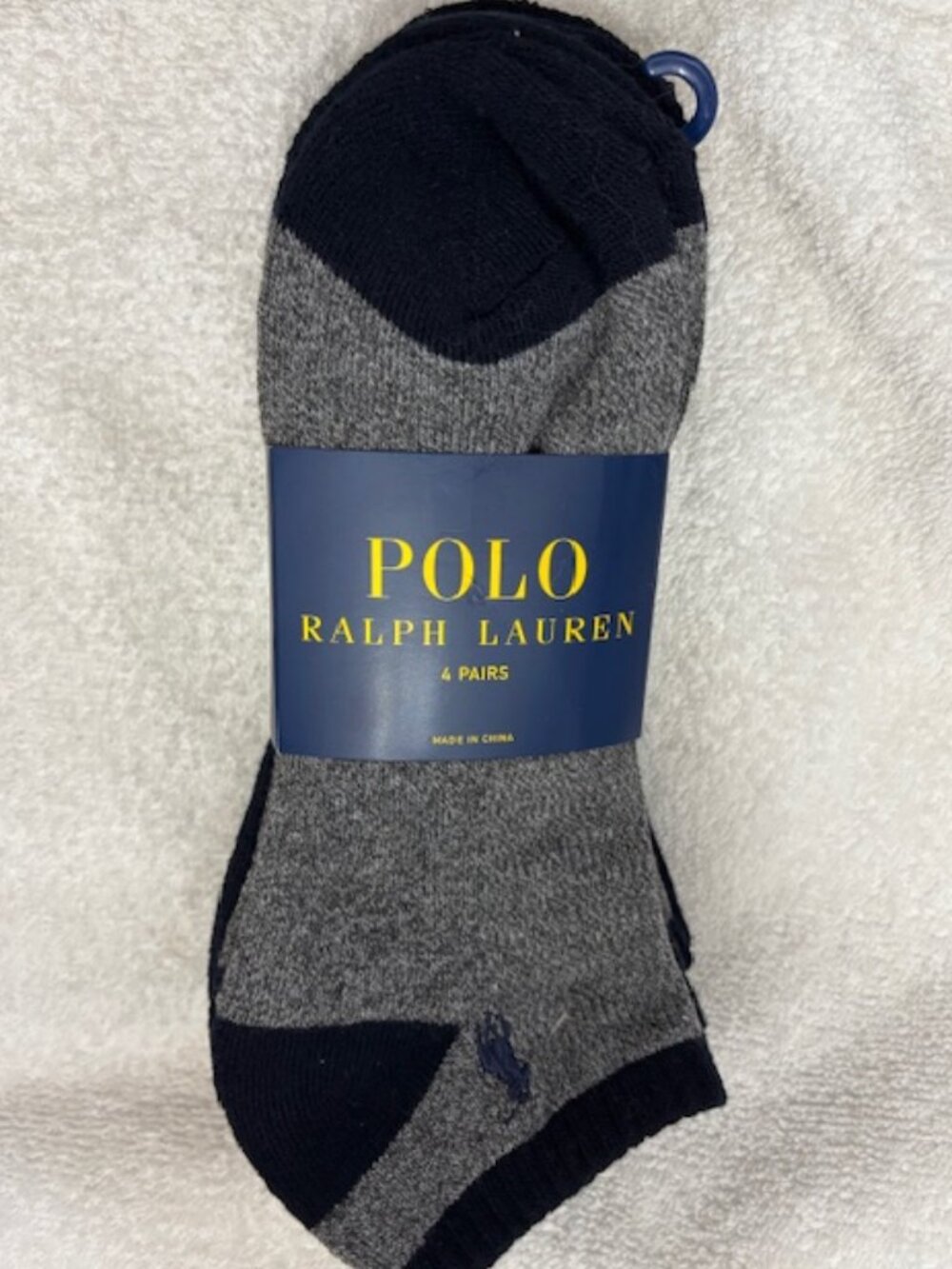 Four pair pack Polo quarter cut socks in navy blue/heather gray Men's Size 10-13